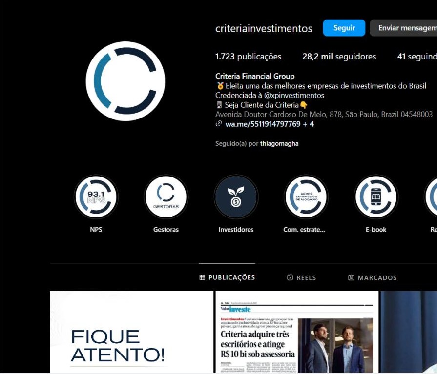 Perfil do cliente Criteria Partners gerenciado pela SaveMe Media