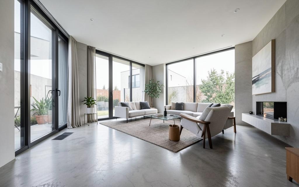 Sala de estar reformada com piso de concreto e grandes janelas